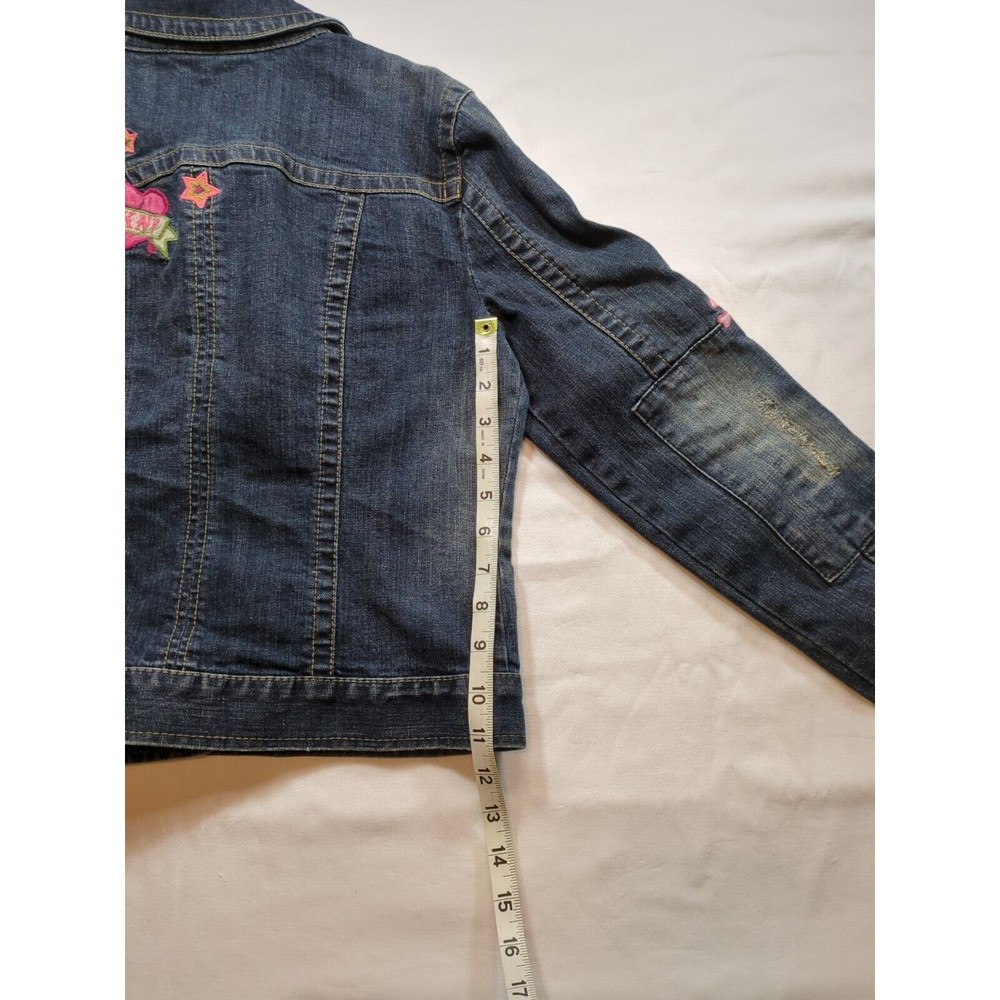 DKNY Juniors Jacket Blue Denim Collared Buttons Patches And Heart Logo Size L - Picture 14 of 16